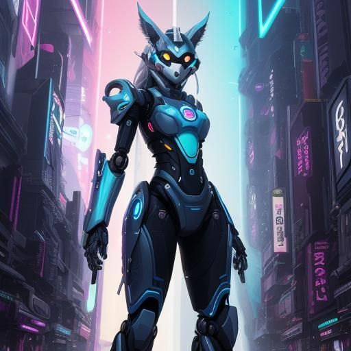 Futuristic Cybernetic Protogen in Rainbow Metropolis