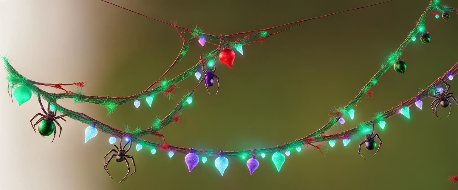 Festive Spider Web with Holiday Decorations in 8K