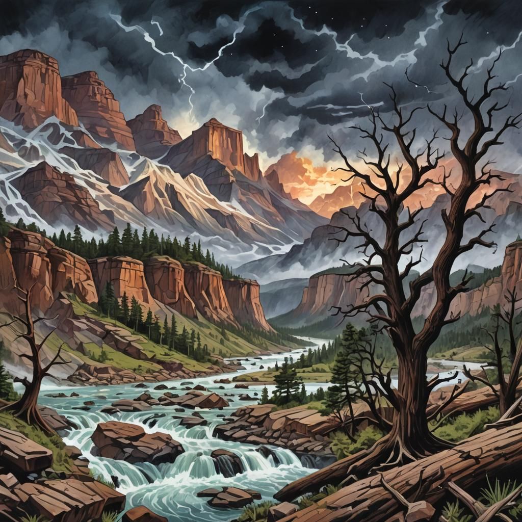 Eerie National Park Mystery: Gouache and Watercolor Art