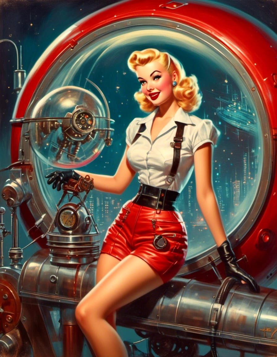 Retro Sci-Fi Pinup Girl on Spacecycle in Cyberpunk Style