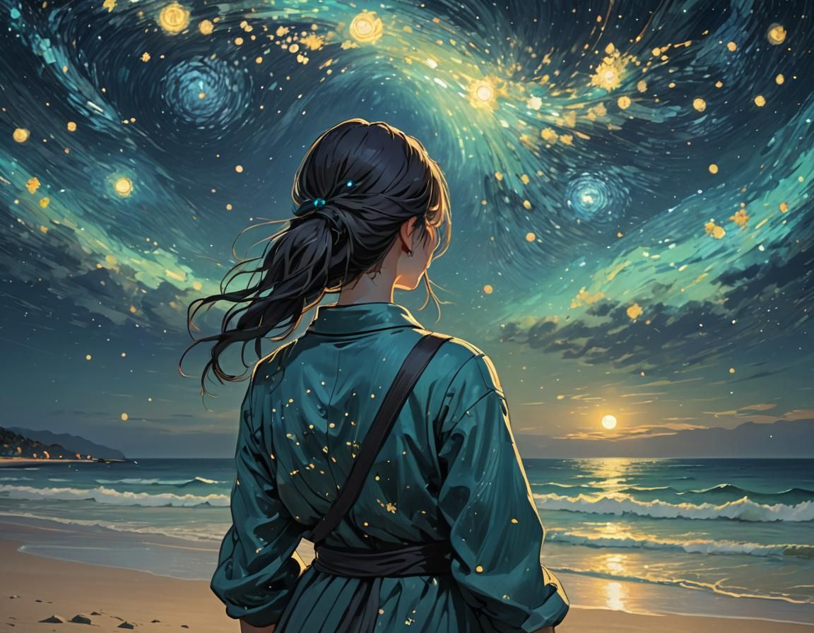 Woman Under Bioluminescent Starry Sky, Van Gogh Style