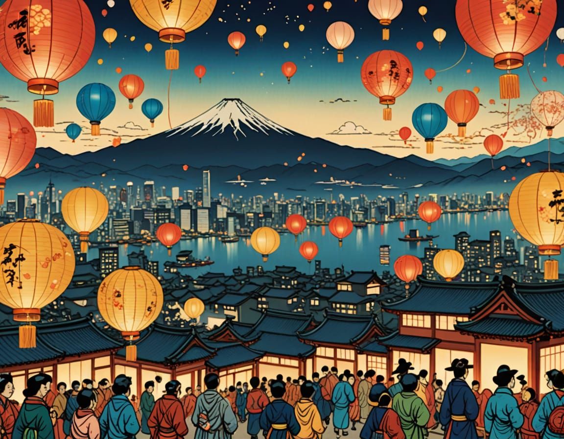 Vibrant Ukiyo-e Celebration: Community Spirit in City Skylin...