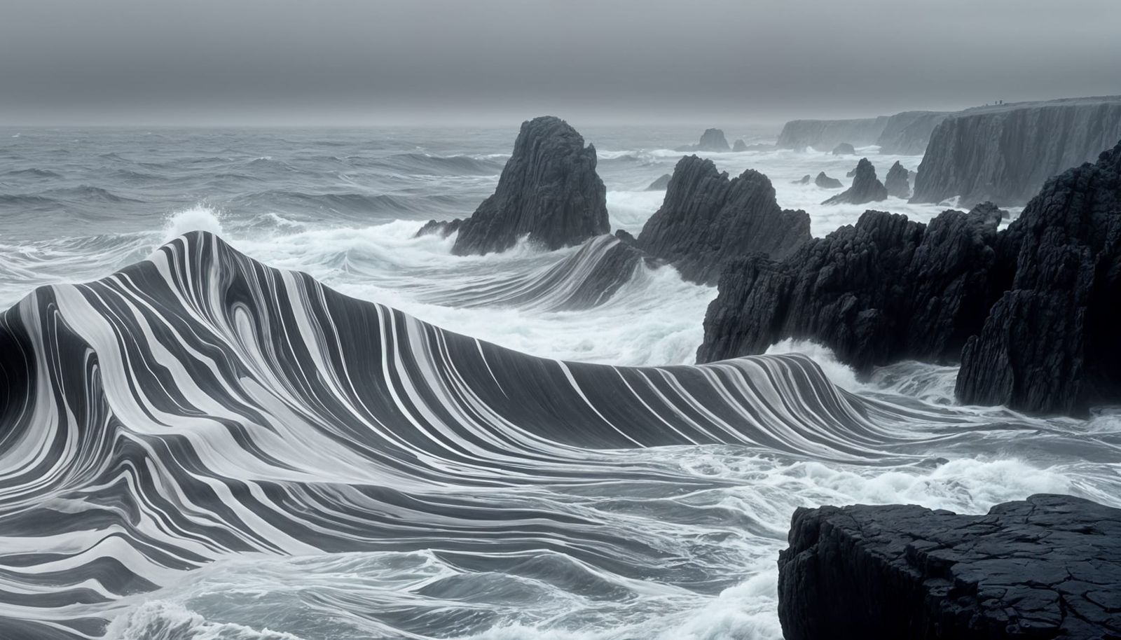 Psychedelic Hellscape Seascape in Monochromatic Gray