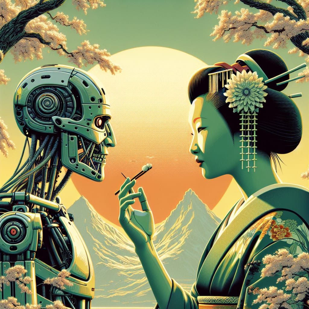 Cyborg Samurai and Geisha in Ukiyo-e Style