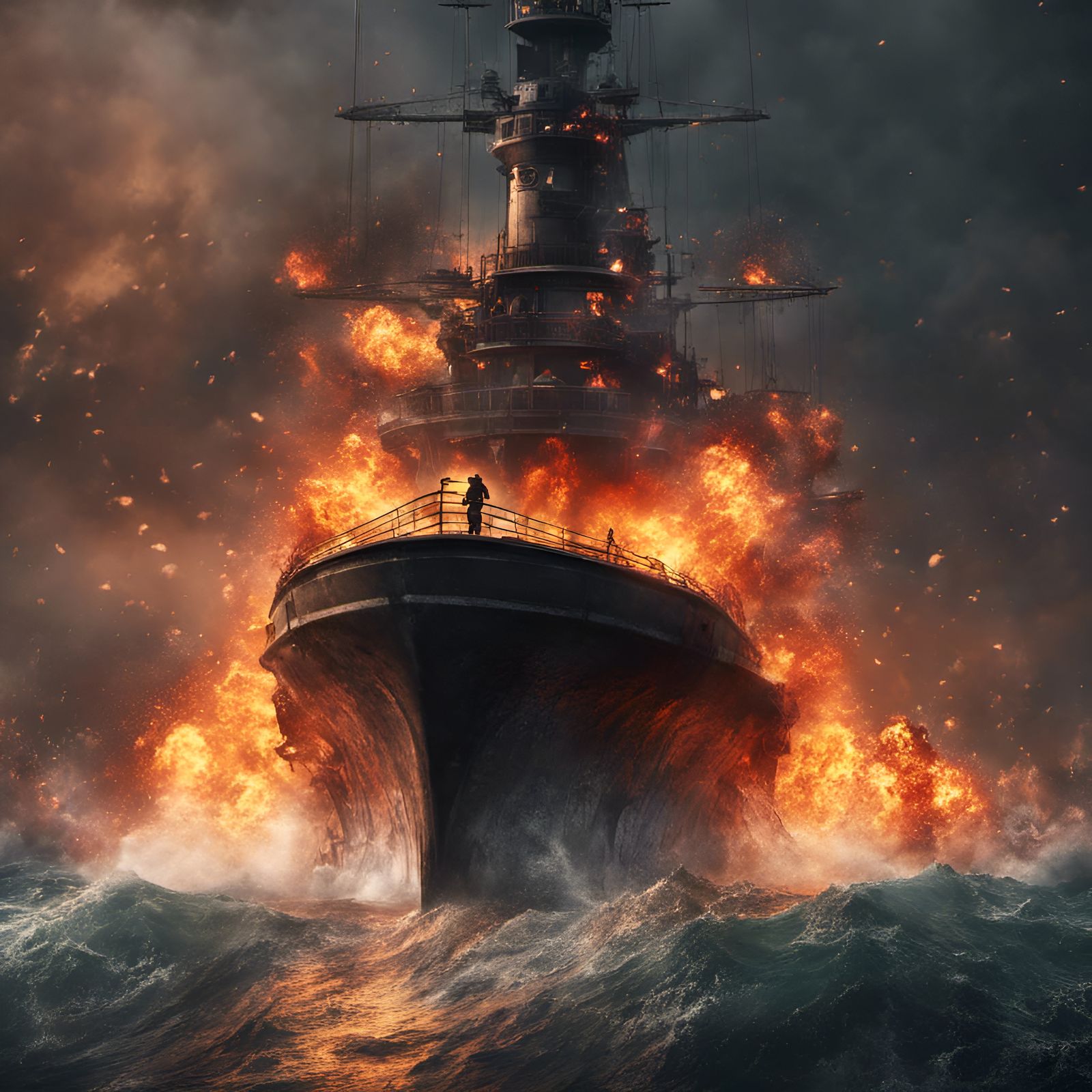Fiery Warship Explosion at Sea: Detailed Matte Painting