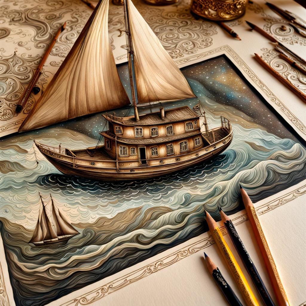 Magical Pearlescent Sailboat in Mussel Shell: Detailed Sketc...