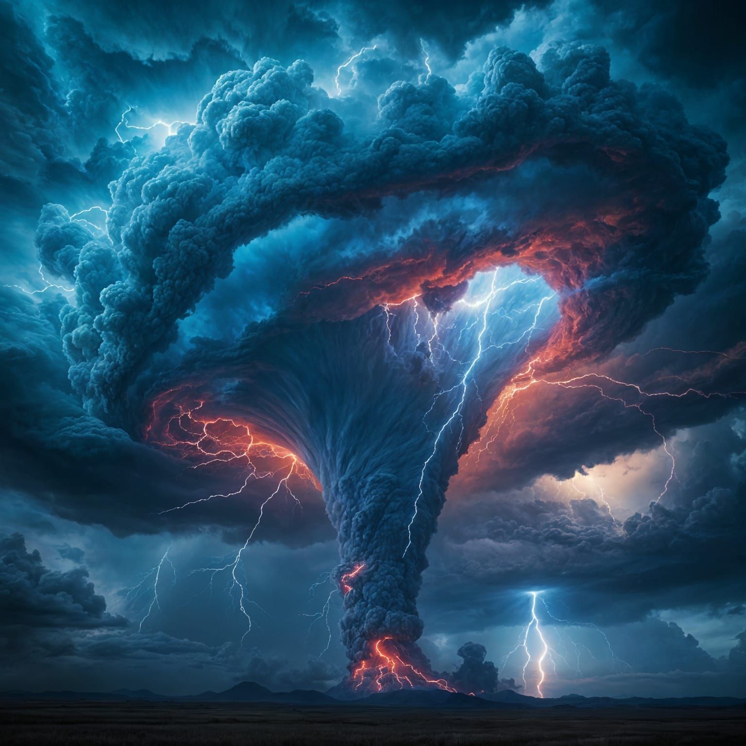 Cosmic Tornado in Turbulent Skies with Electric Blue and Red...