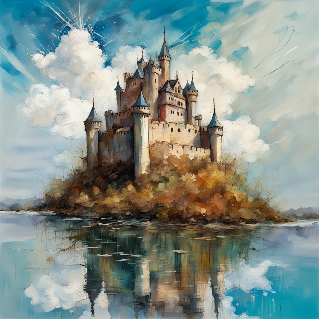 Floating Castle in Clouds: Impressionistic Splash Art