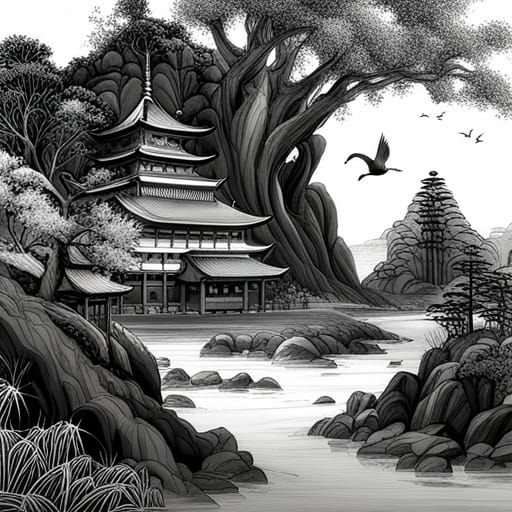 Classical Japanese Spring Fantasy Landscape in Sumi-e Style