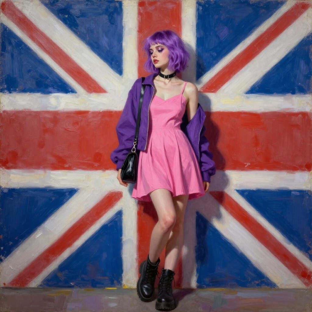 Amethyst Haired Woman Leans Against Union Jack