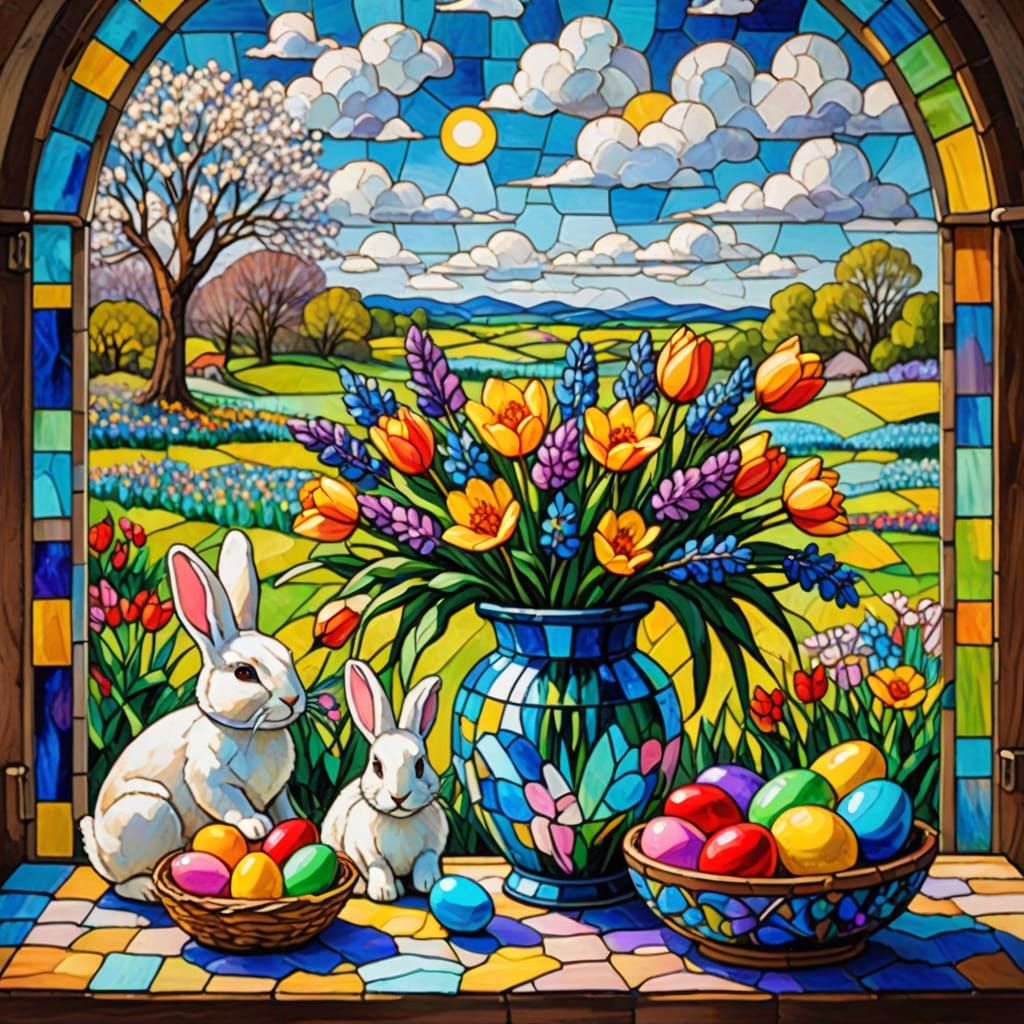 Stained glass easter vase showing rabbits and easter eggs. Vase filled with spring flowers. Background open window showi...
