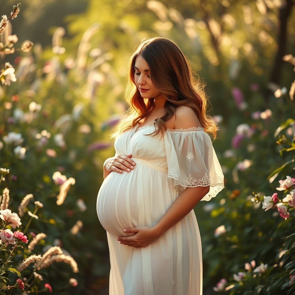 Serene Pregnant Woman in Pre-Raphaelite Garden