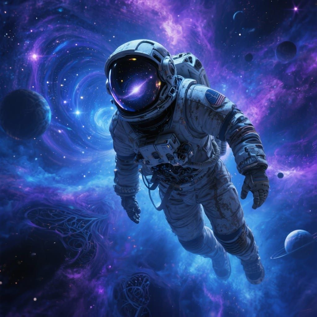 Astronaut Drifting in Cosmic Nebula, Helmet Reflects Galaxy