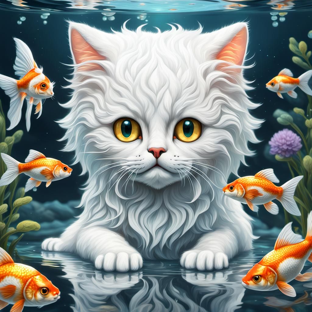 White Cat and Goldfish in Watercolor Style