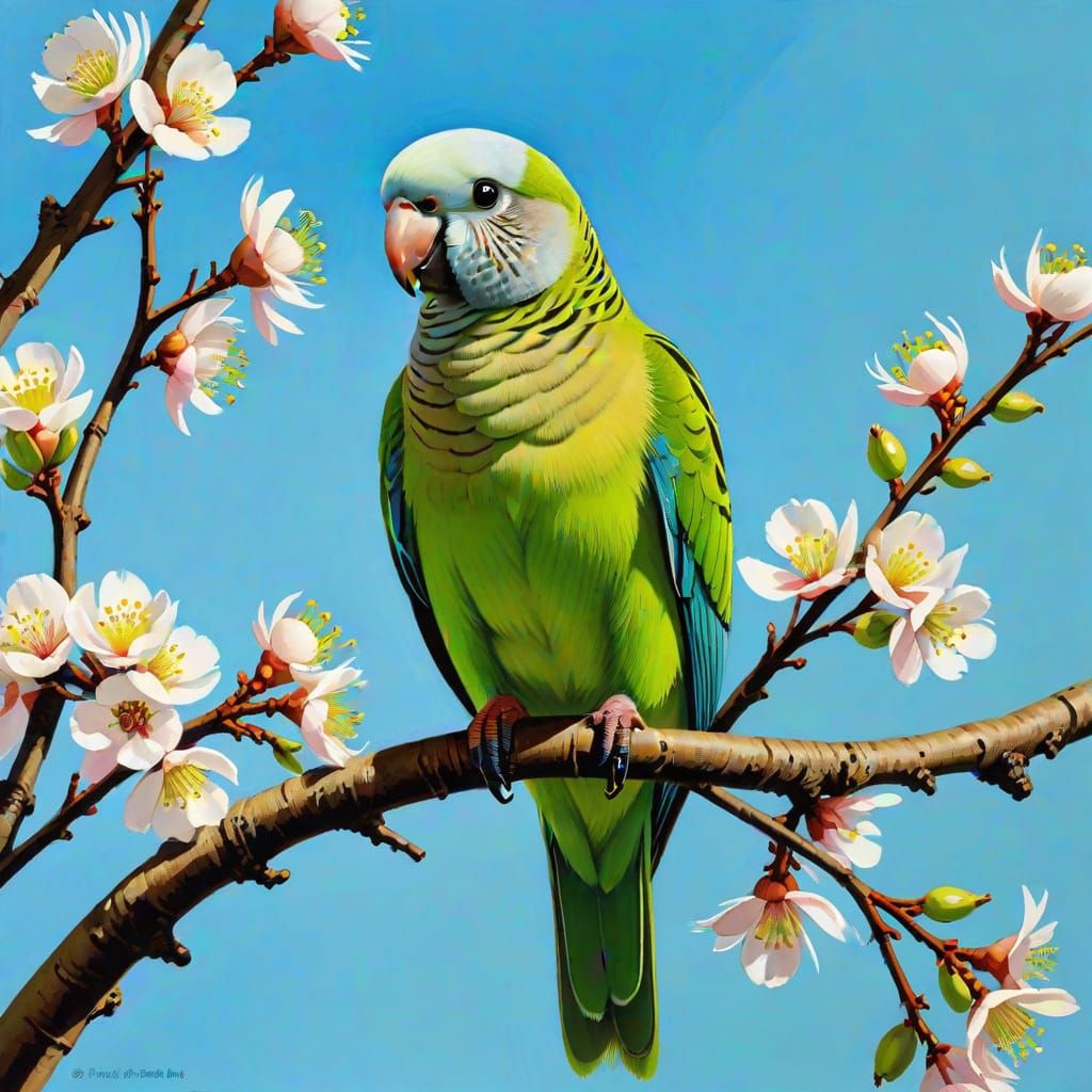 Monk Parakeet in Spring: Detailed Gouache Painting