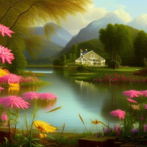 Lakeside Resort in Summer, Hyperrealistic Painting