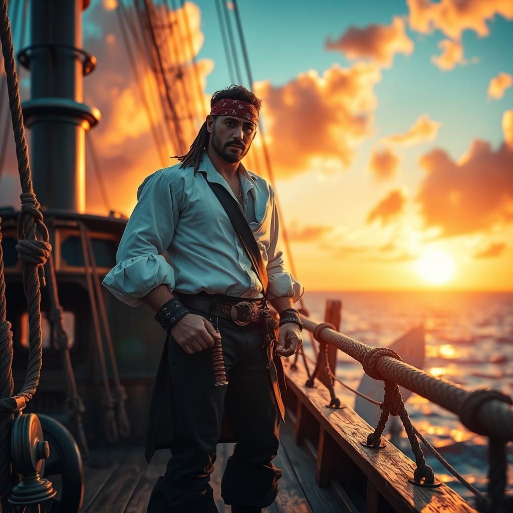 Pirate on Frigate at Sunset in Cinematic Style