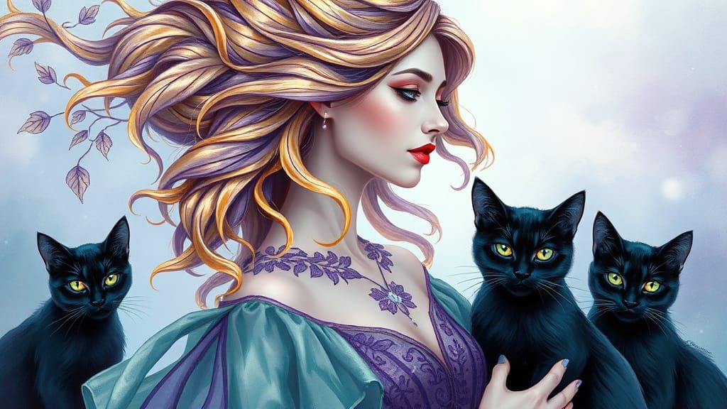 Woman with Leafy Hair in Aquarelle Style