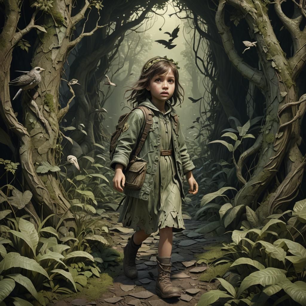 Little Girl Lost in Overgrown Forest: Dark Fantasy Art