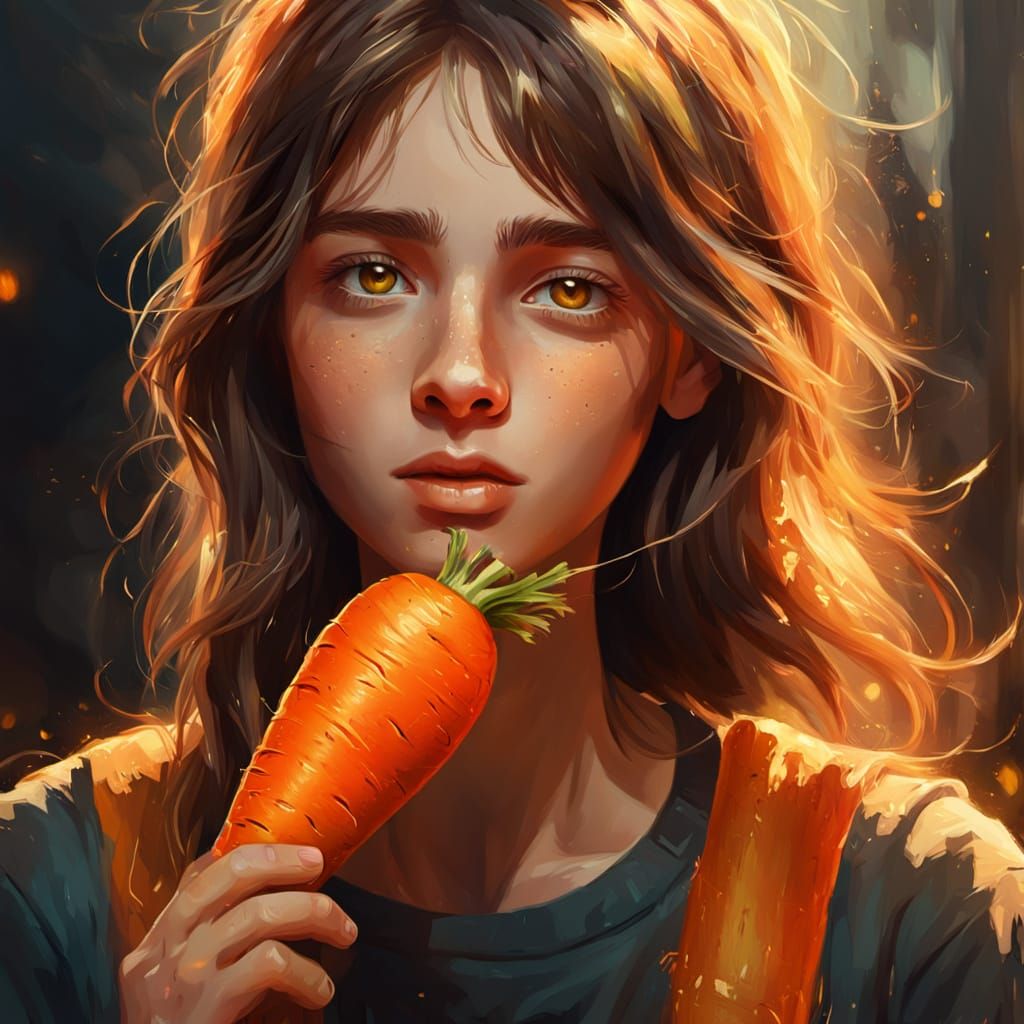 Teenager with Carrot in Vibrant Oil Painting Style