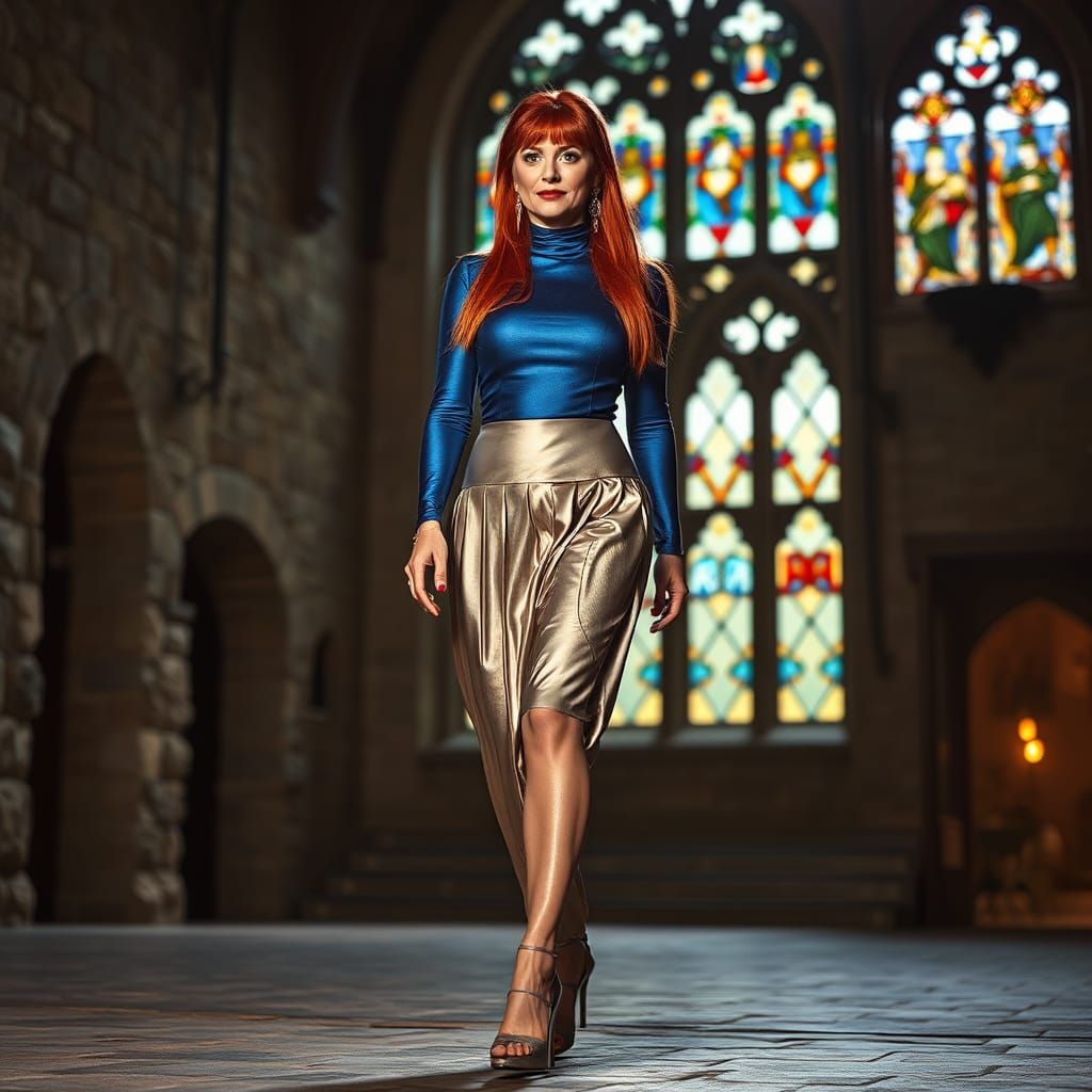 Glamorous Woman with Red Hair in Castle Setting
