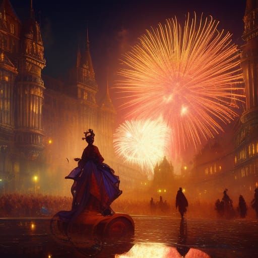 Steampunk City Celebration with Fireworks