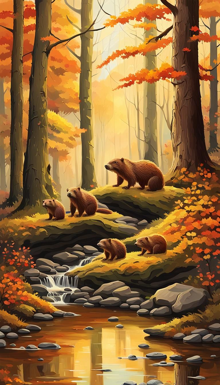 Beaver Family in Autumnal Impressionist Landscape