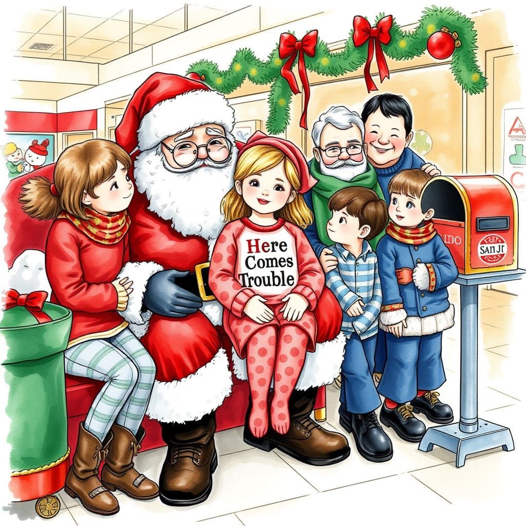 Young Girl Surrounded by Family on Santa's Lap, in Whimsical...