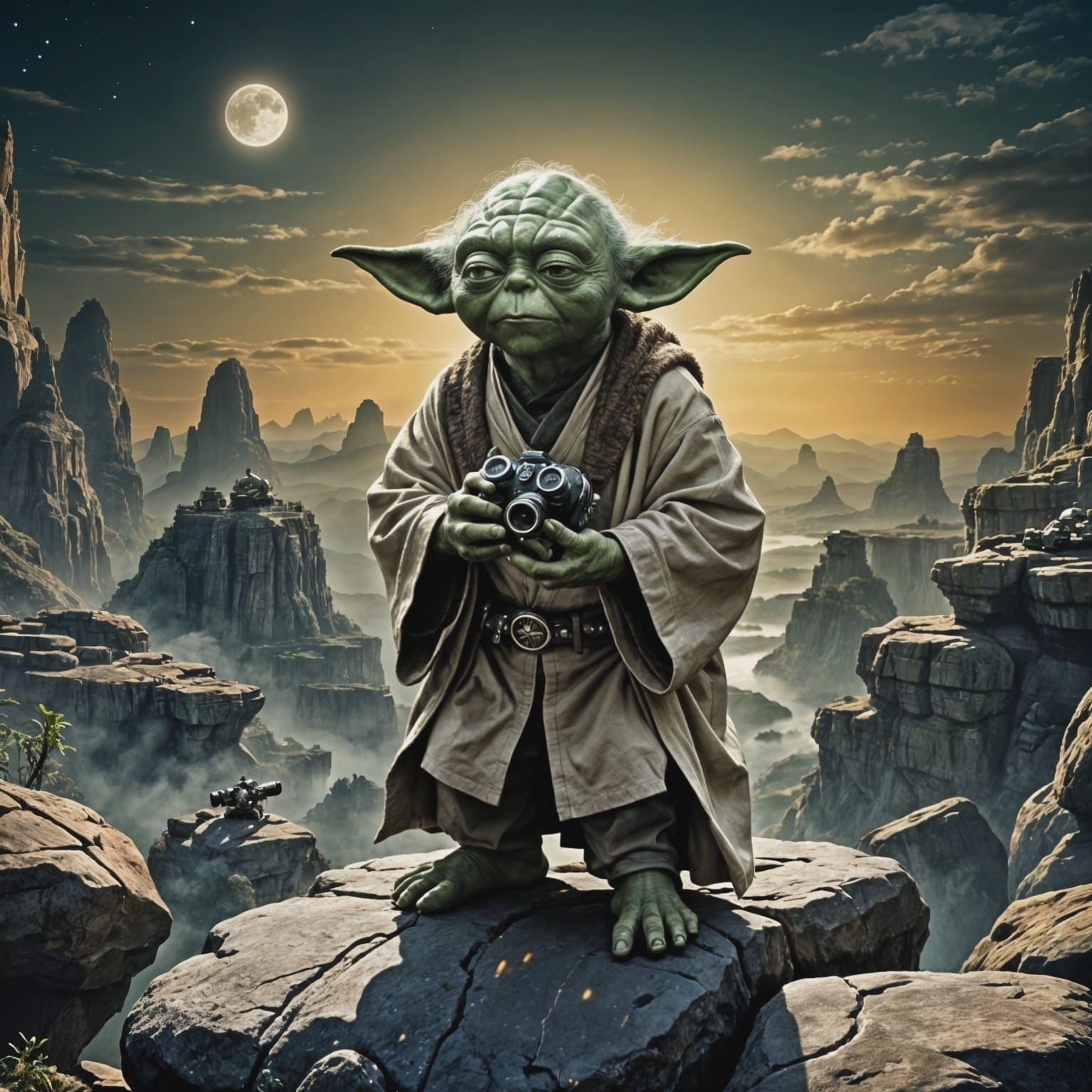 Yoda legendary Jedi Master. Yoda character perched on a rock...