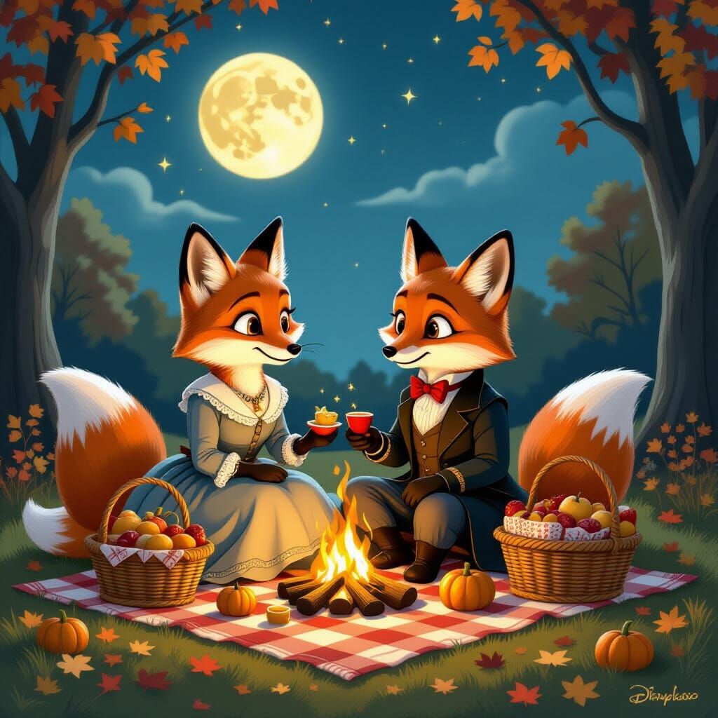 Victorian Foxes Enjoy Romantic Picnic Under Harvest Moon