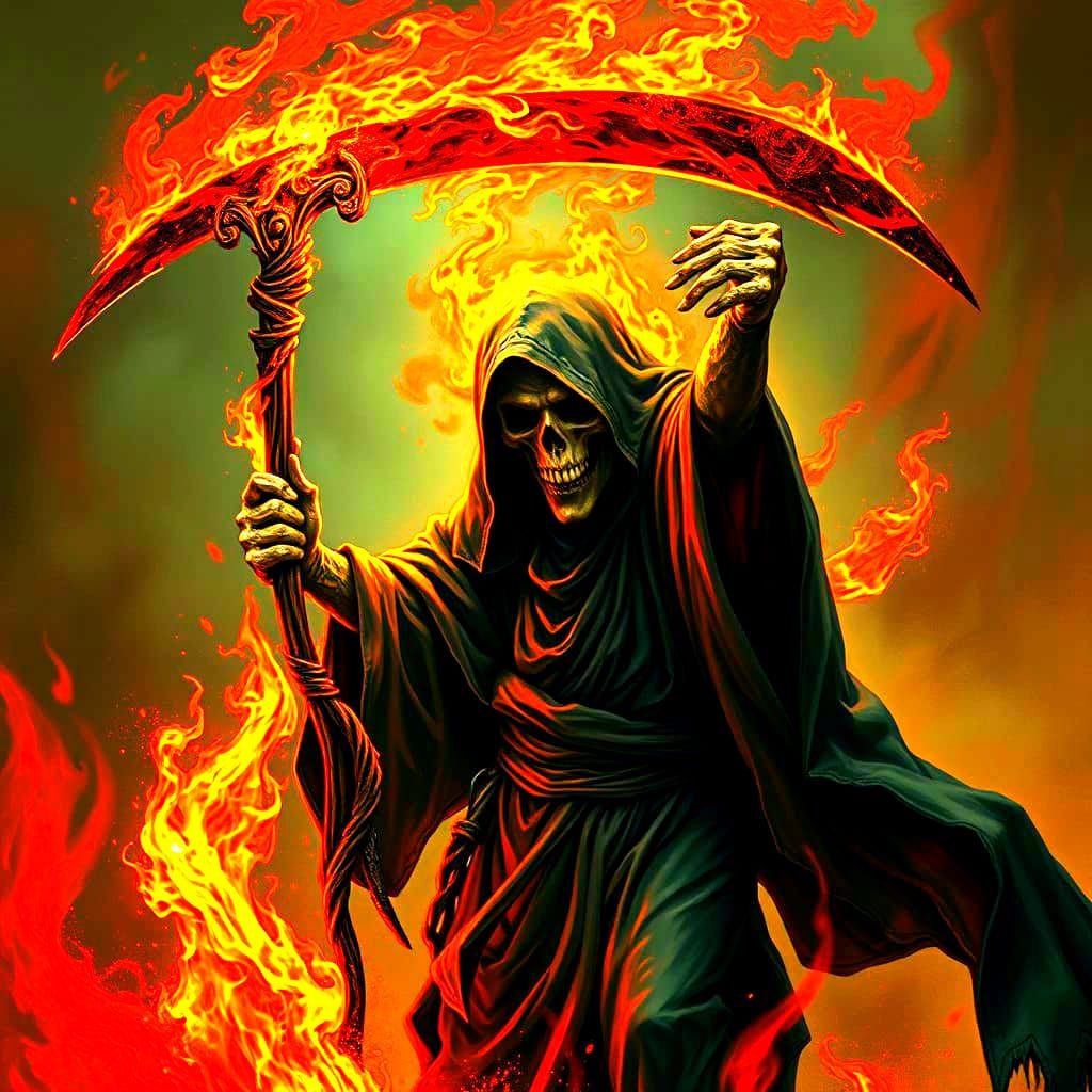 Grim Reaper Wielding Scythe of Flames: Demonic Art