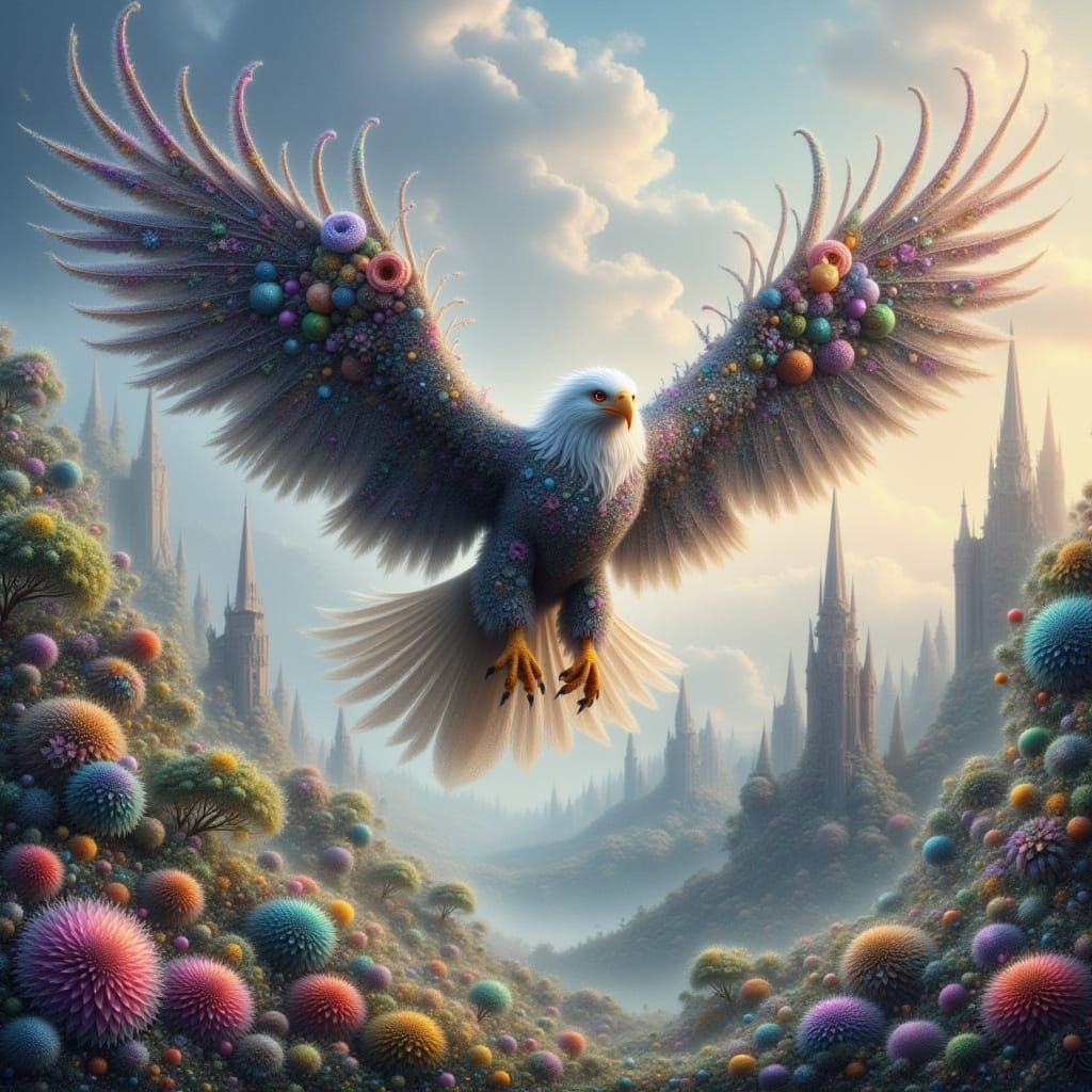 Majestic Eagle Soaring in Whimsical Fantasy Realm