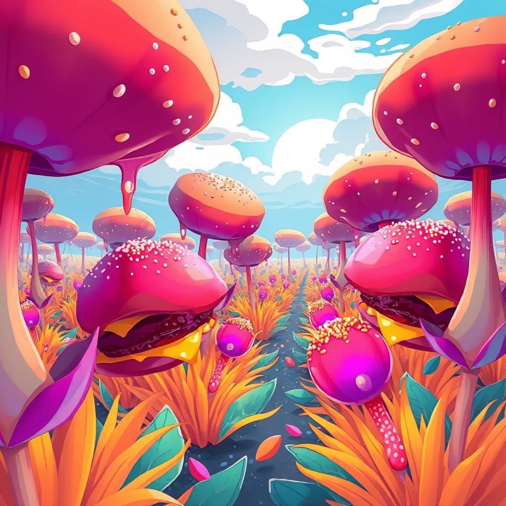 Surreal Burger Plants Bloom in Vibrant, Fantastical Fields