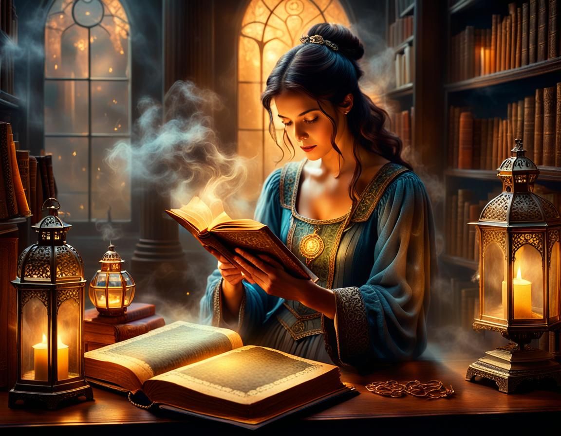Mysterious Woman Reading in Ethereal Library as Oil Painting