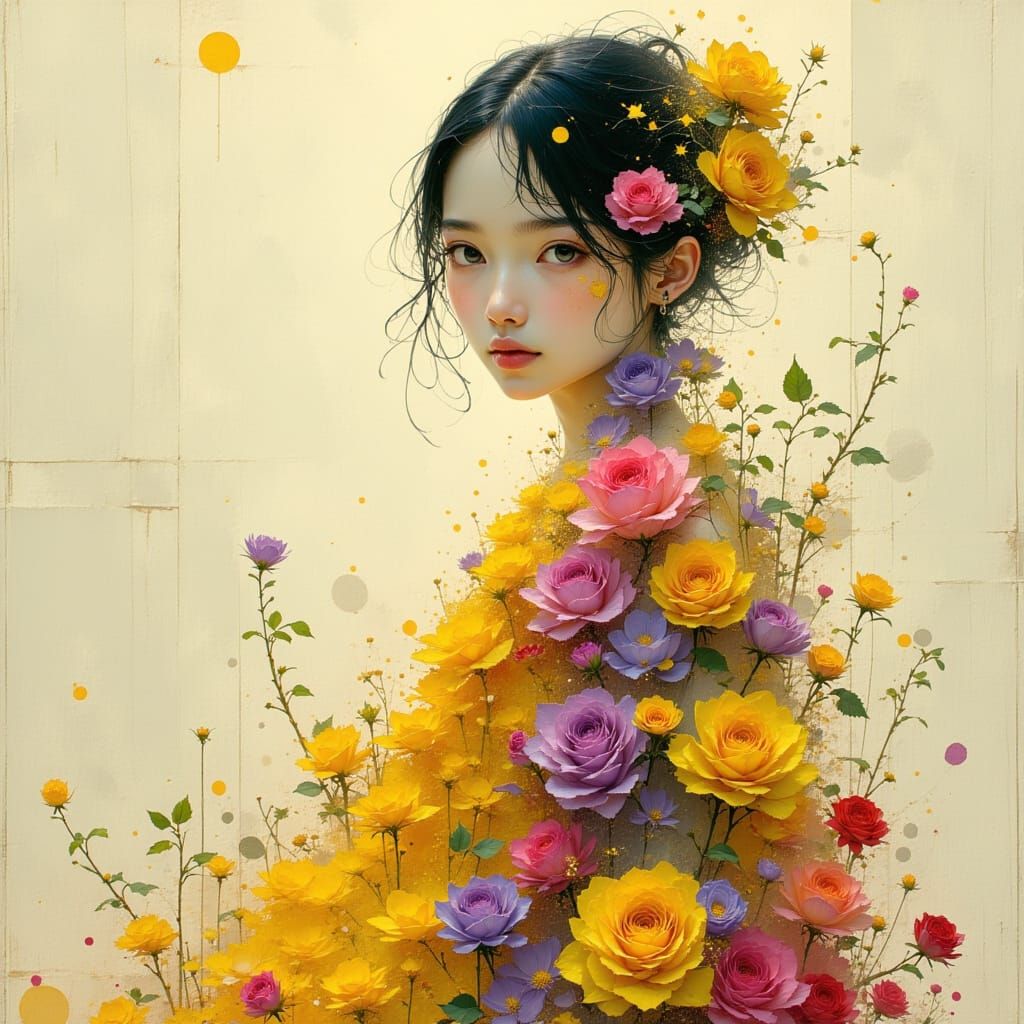 <lora:Akimora:1.0> A breathtaking background image of a surreal full-body portrait of a woman standing tall with her leg...