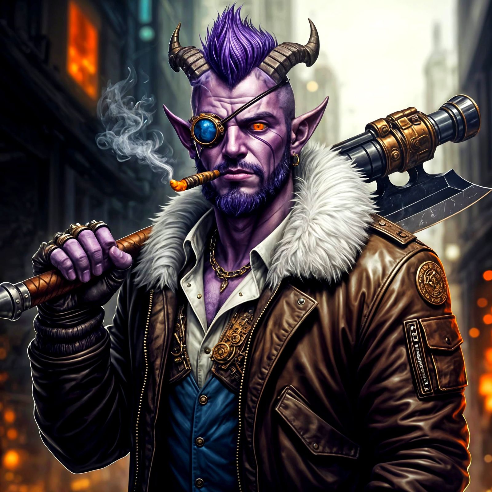 Steam Punk Tiefling Warrior in Gritty Fantasy City