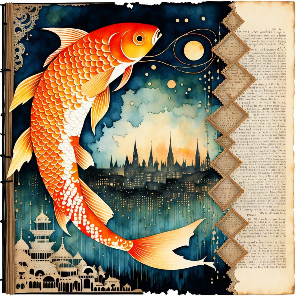 Ethereal Steampunk Collage: Koi Fish Amidst Cityscape