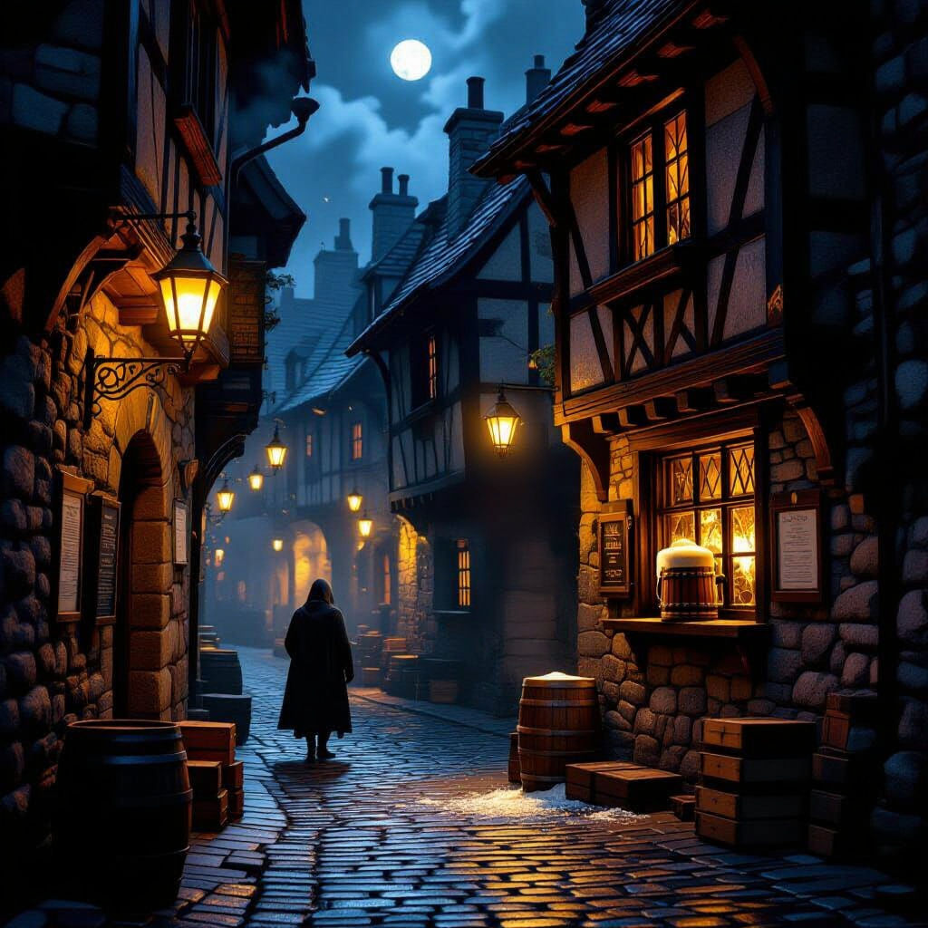 Medieval Alley Scene: Shattered Window & Flying Tankard
