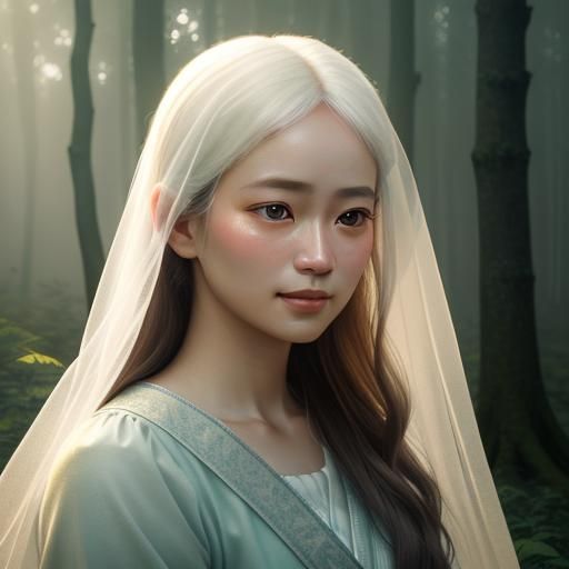 Solemn Woman with Forgiving Smile in Misty Forest