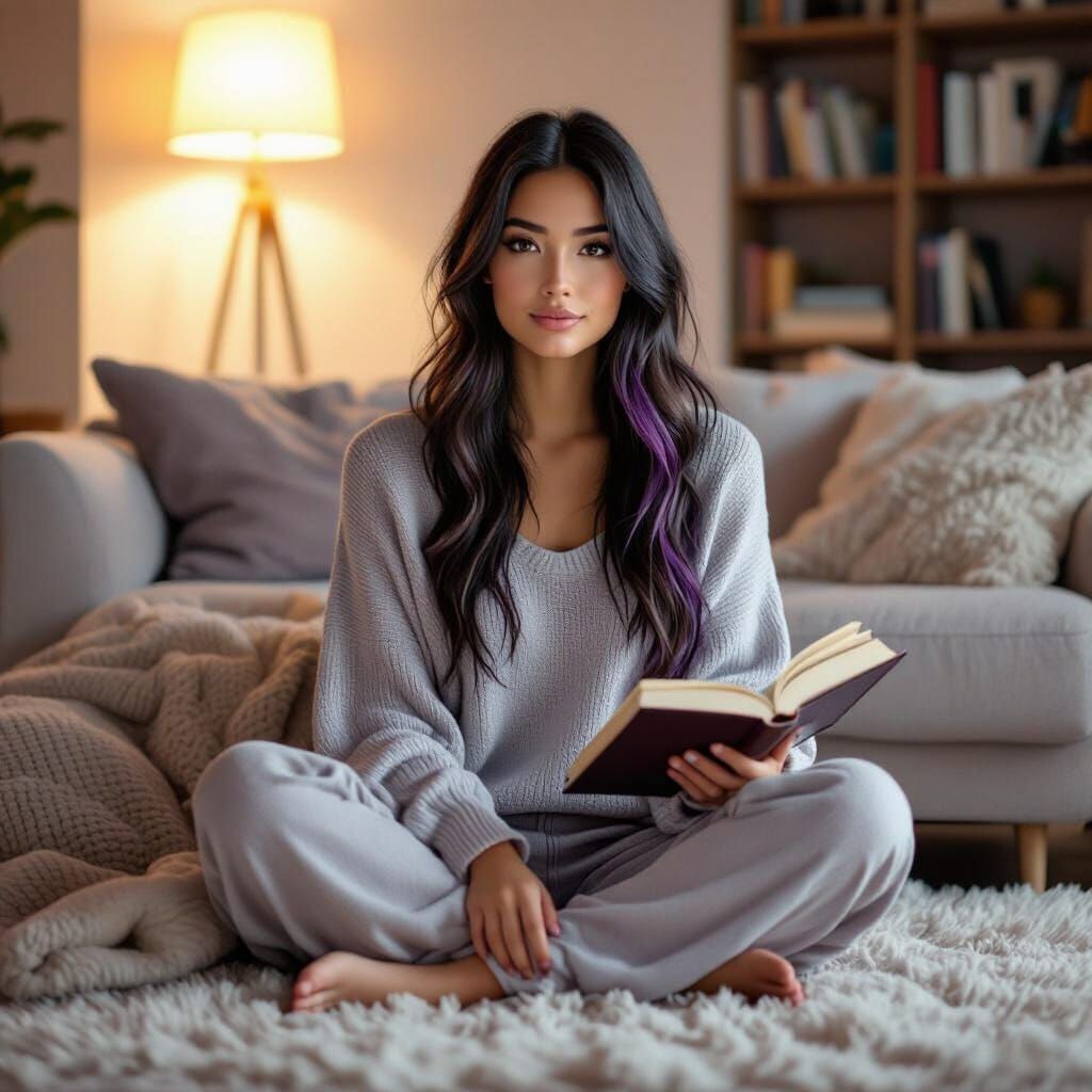 Photorealistic Woman Reading in Cozy Living Room