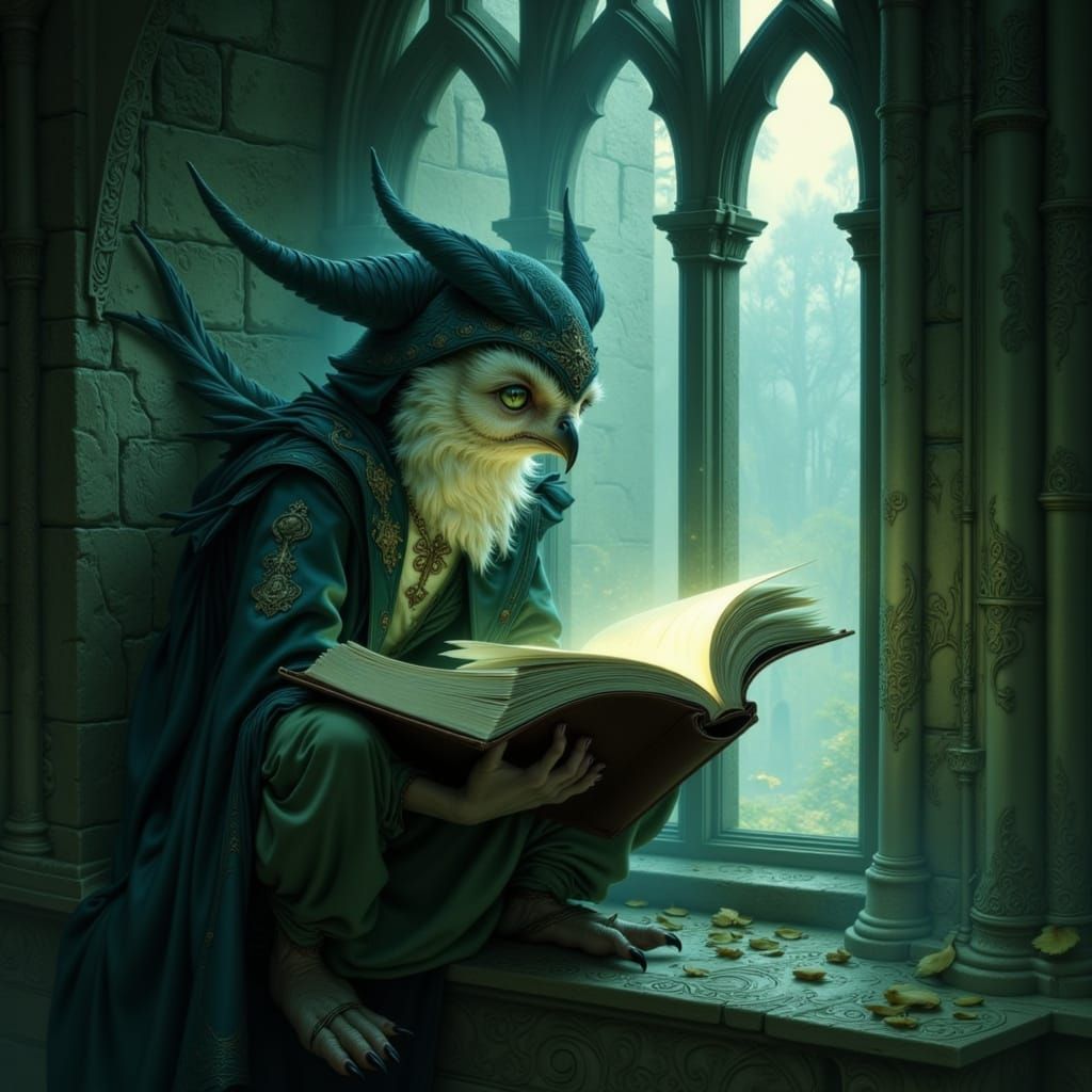 Wise Owl Reads Ancient Tome in Moonlit Library