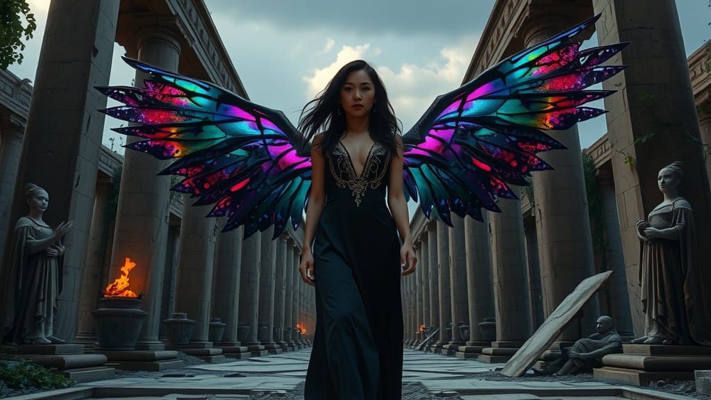 Winged Woman in Ancient Ruins: Dark Fantasy Scene