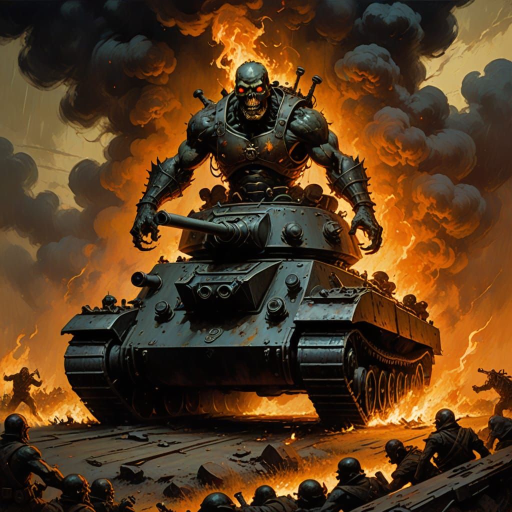 Zombie on Tank in Frank Frazetta Style