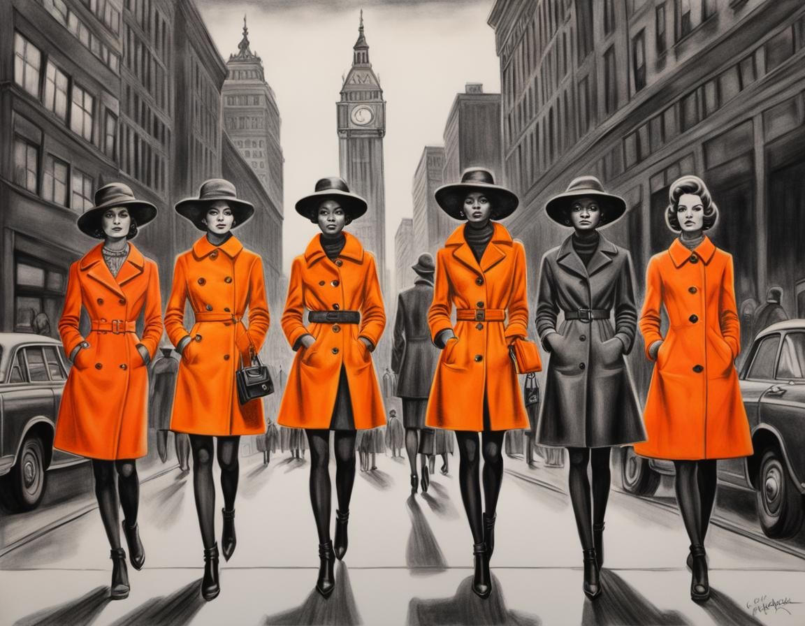 1960s Fashionistas in Orange, Colored Pencil Sketch