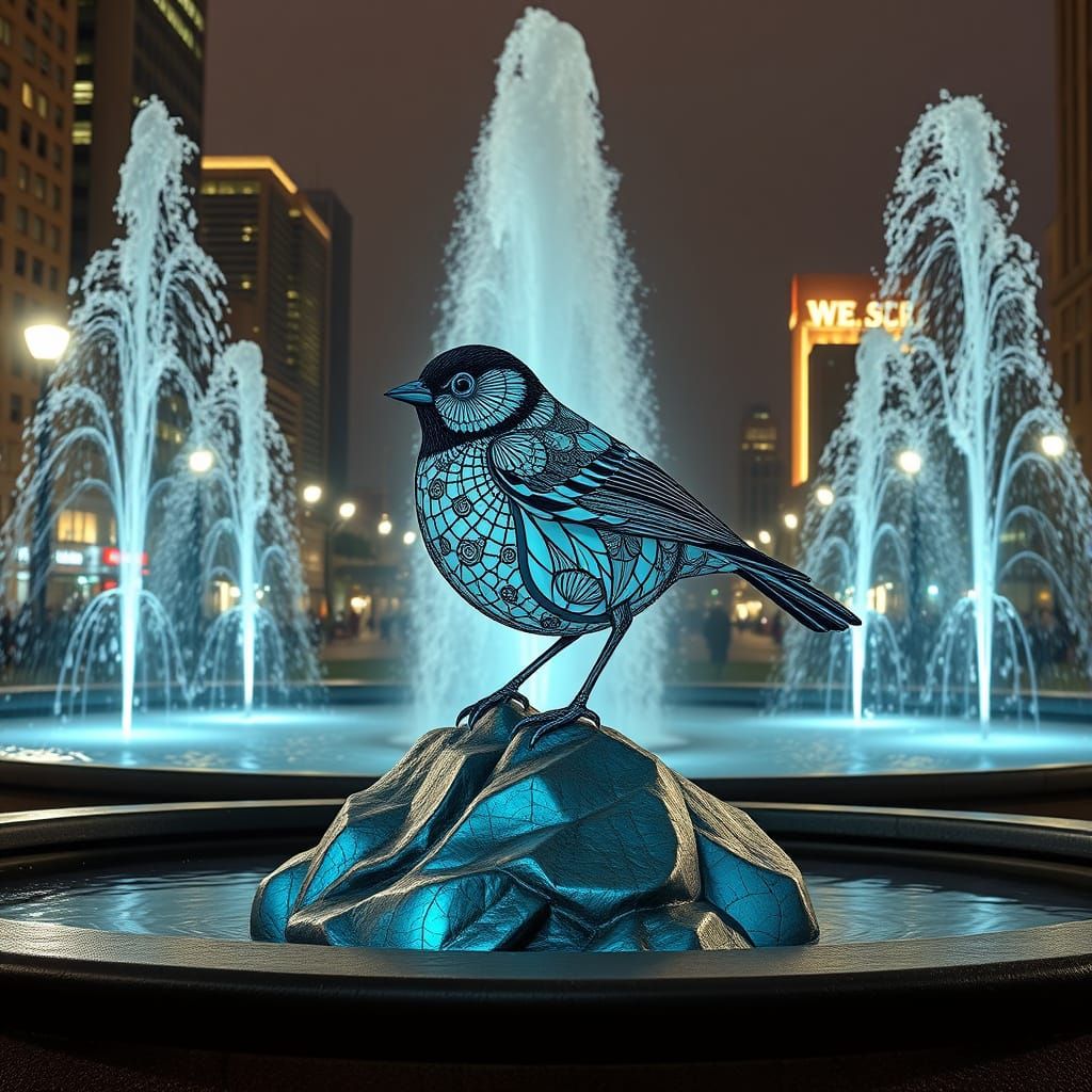 Urban Nighttime Chickadee Sculpture in Whispers