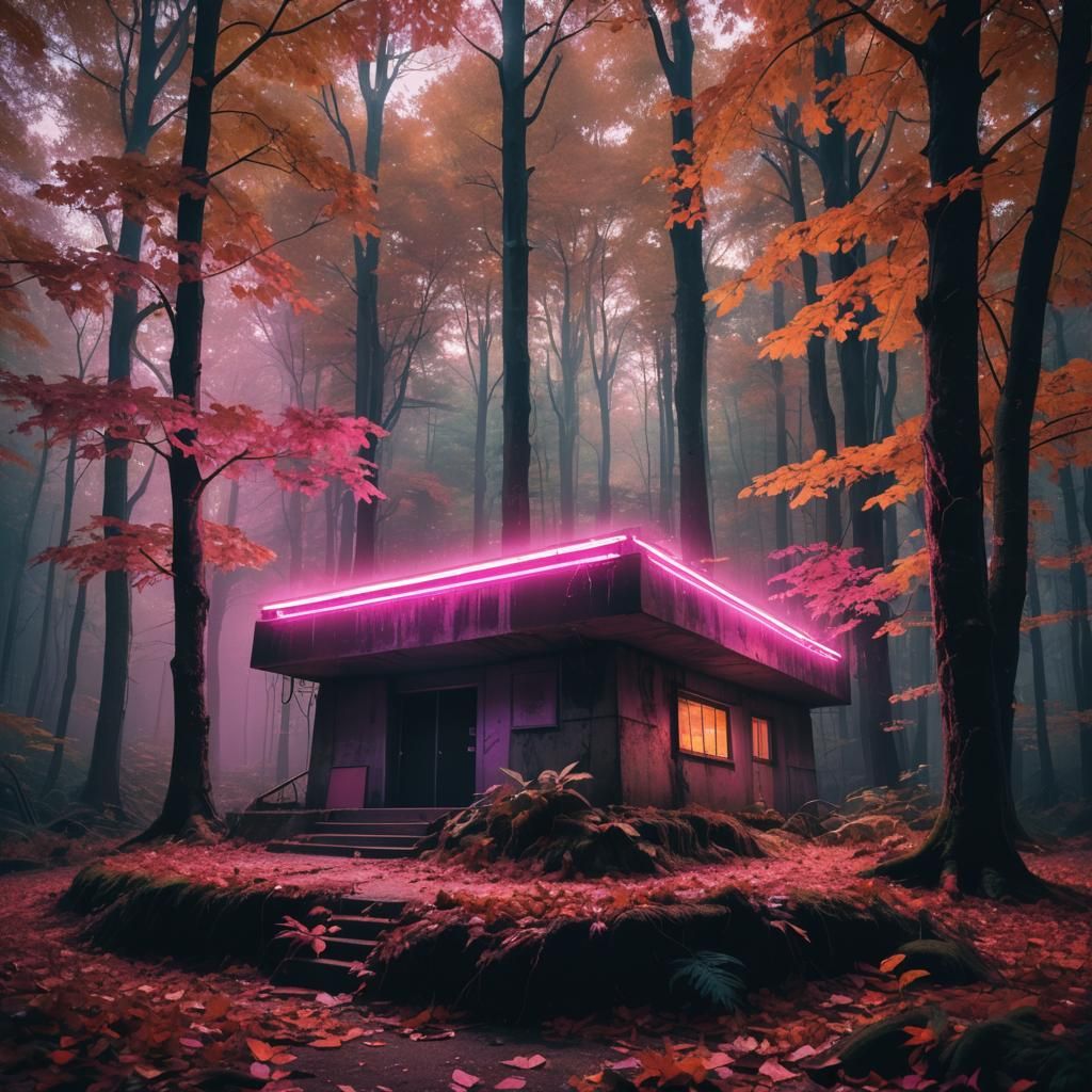 Synthwave Bunker in Autumn Forest with Neon Lights