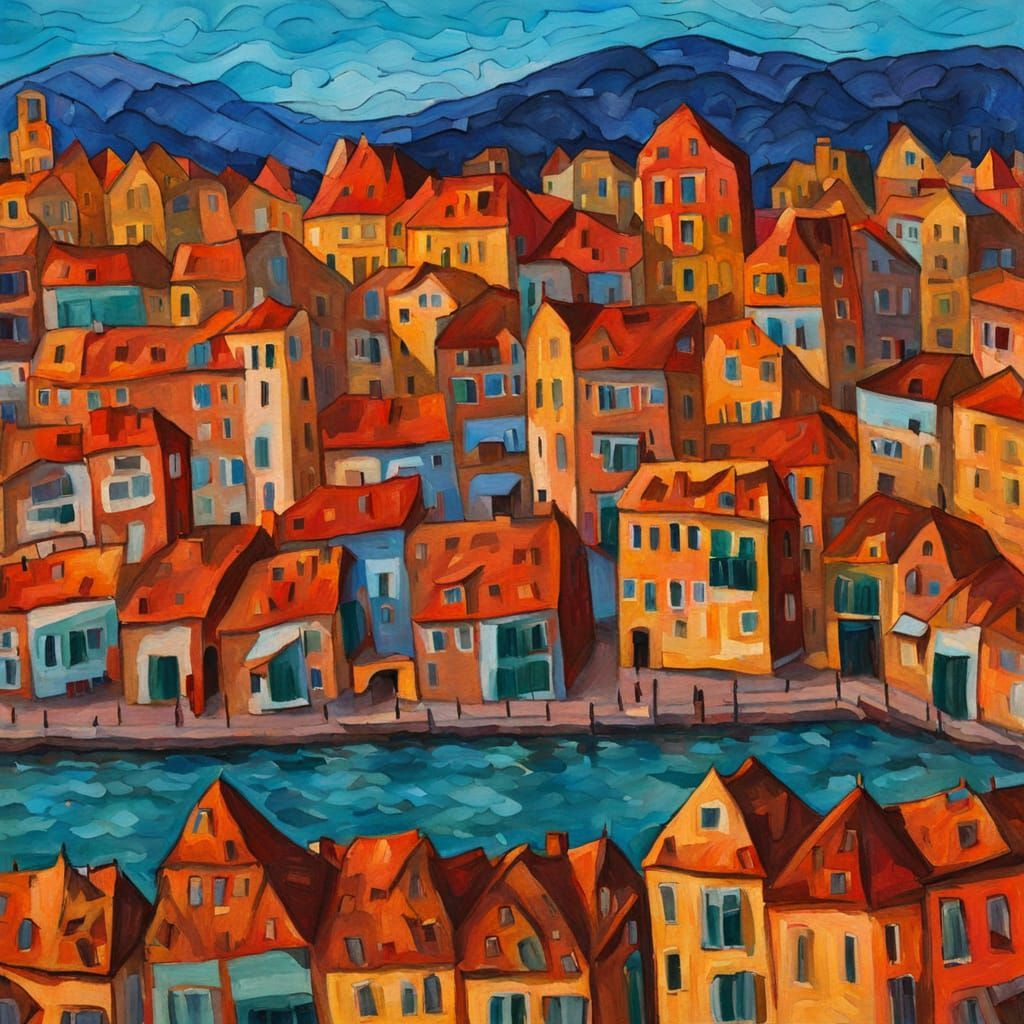 Textured Gouache Cityscape with Embroidered Buildings