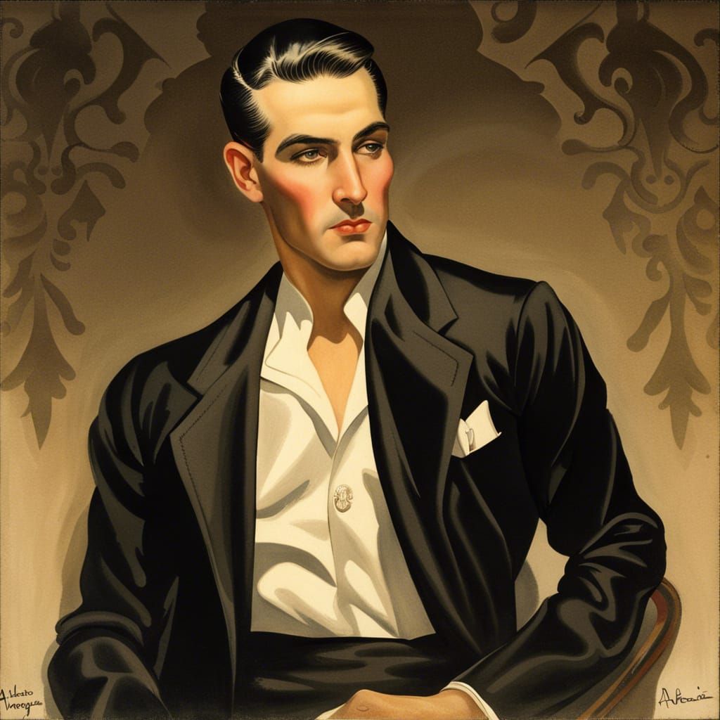 Glamorous Man in Black, Vargas Style Portrait