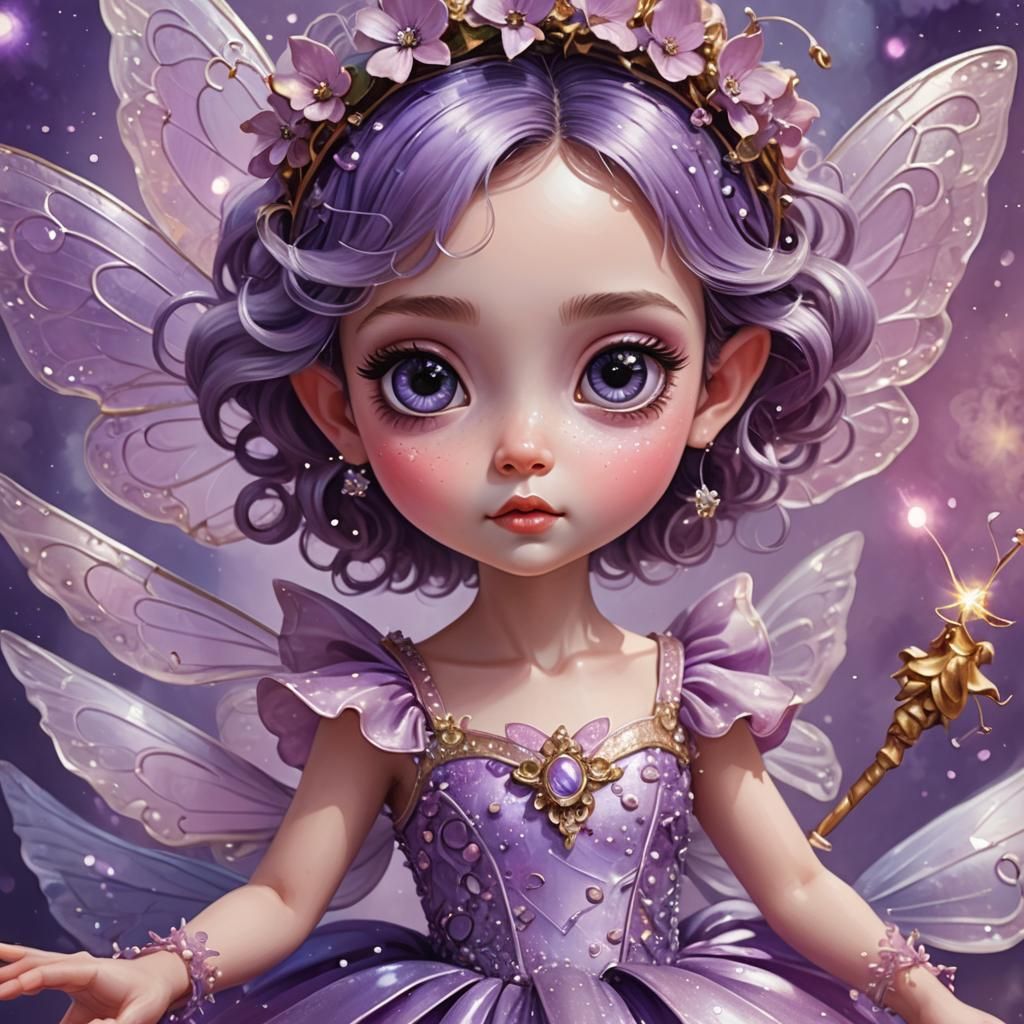 Lilac Fairy on Pink Cloud in Digital Painting