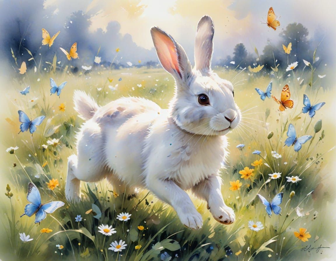 Rabbit and Butterflies in Sunlit Meadow as Watercolour